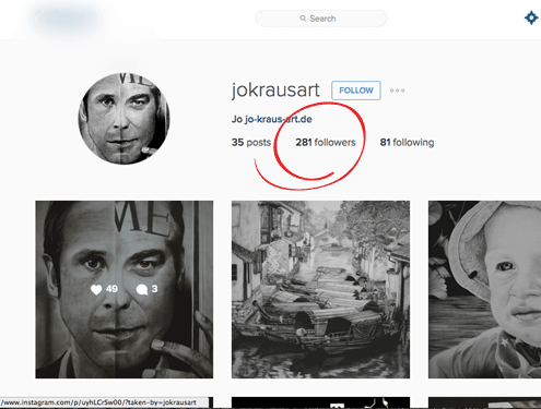 Snimka zaslona Instagram profila s označenim brojačem pratitelja – Mi ne predstavljamo izričito Instagram ili neku drugu socijalnu mrežu.